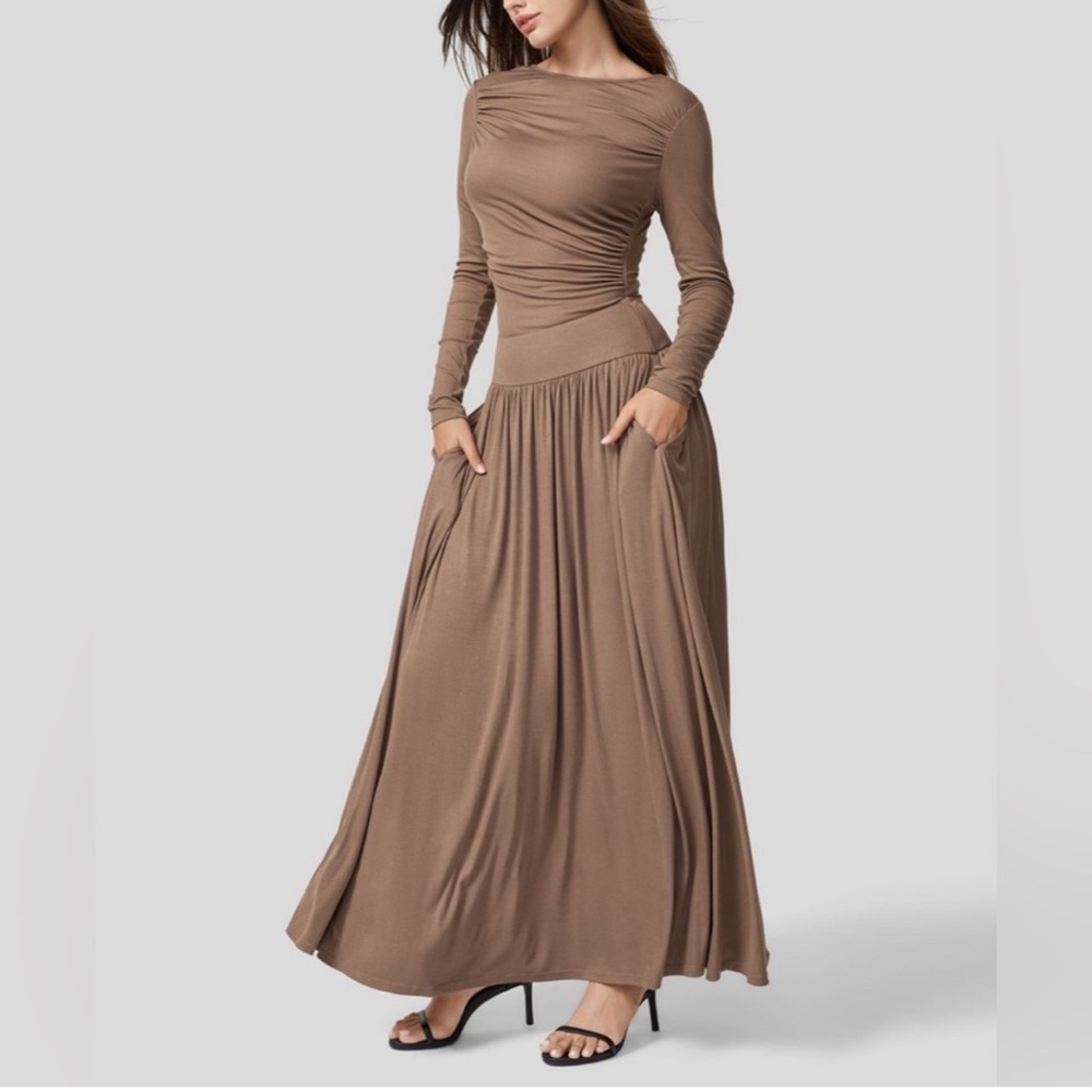 HALARA - NWT Ribbed Boat Neck Long Sleeve Ruched Beige Maxi Dress Pockets Large